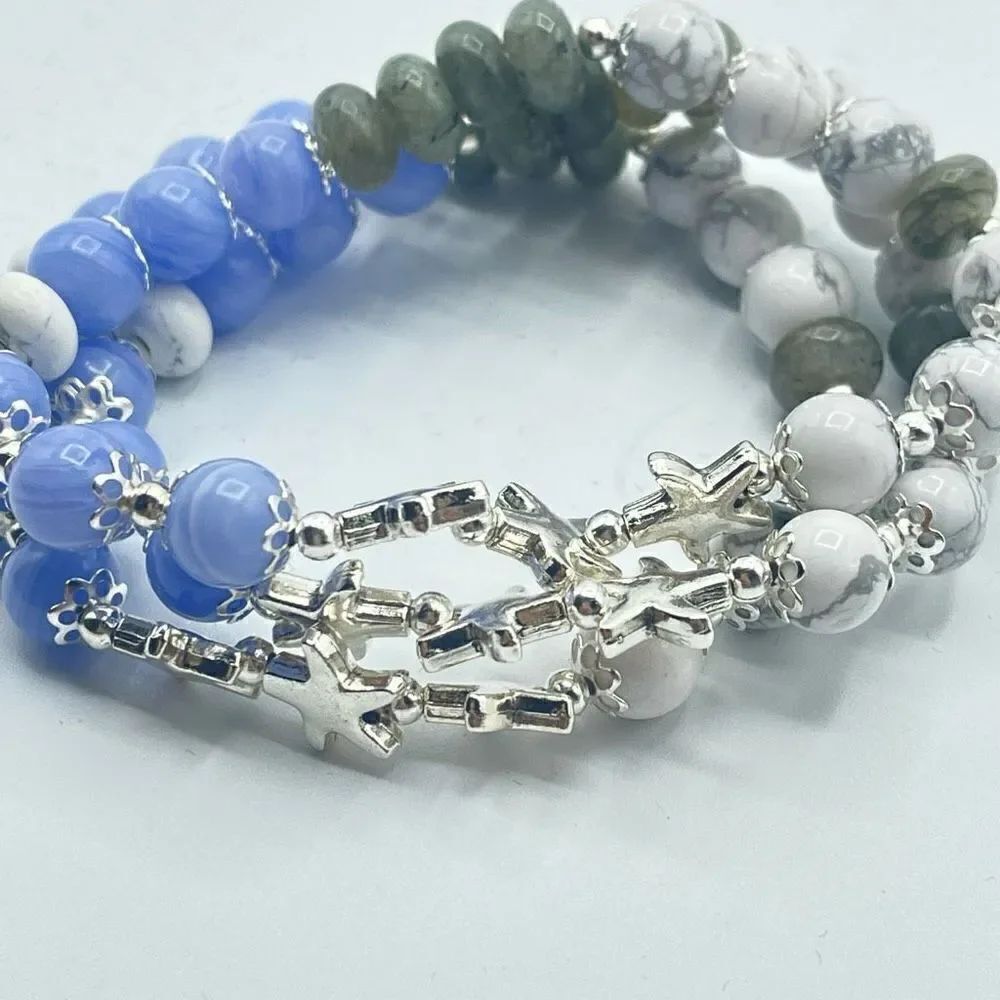 Starfish ocean beaded stretch bracelet ONE NEW blue lace agate howlite labradori - Picture 4 of 6
